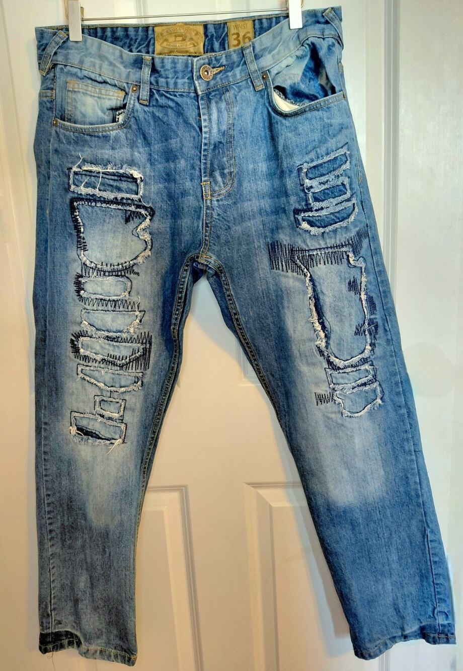 Evolution Men's Distressed Rip & Repair Blue Jeans Size 36 Heavy Stitching